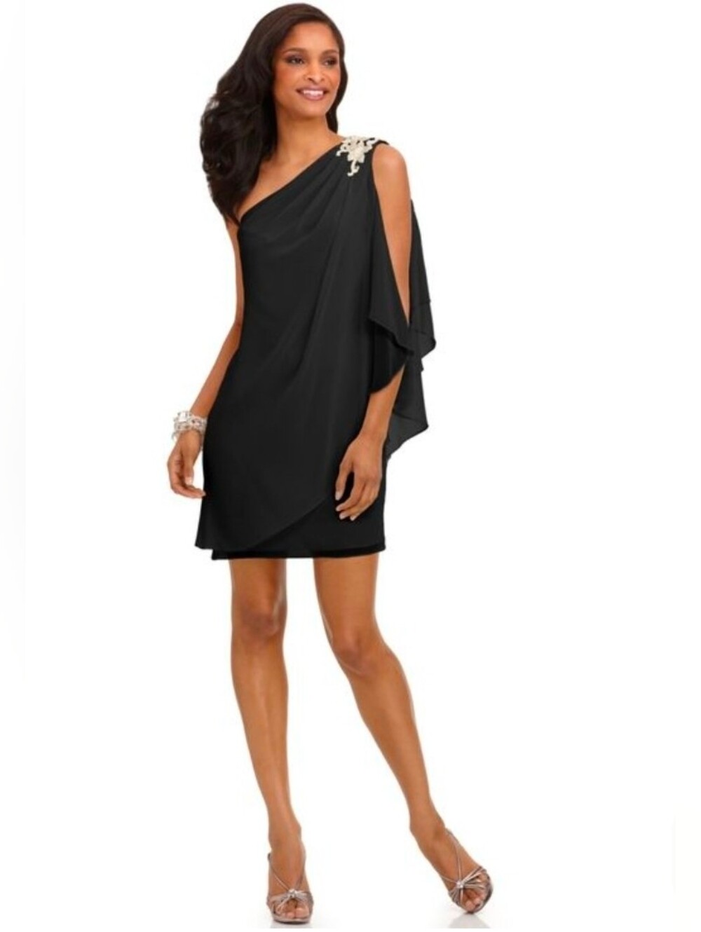 NWT JS BOUTIQUE Black One-Shoulder Dress w/ Beaded Shoulder Detail SZ 18